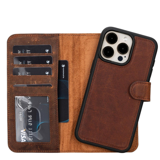 Toronata Casper Leather Wallet in various styles, compatible with iPhone 15 Series, featuring a magnetic detachable design, MagSafe compatibility, RFID protection, and a kickstand. Each variant showcases handcrafted genuine leather, multiple card slots, and a secure, functional design for sophisticated protection and style.