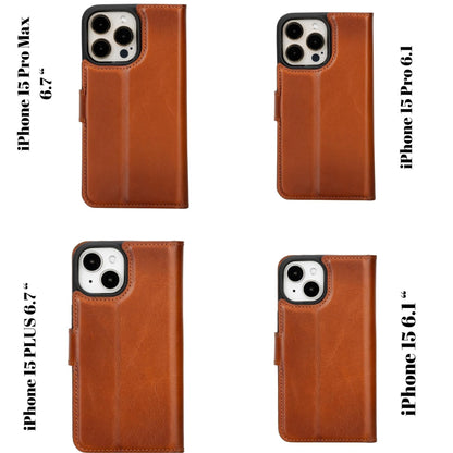 Versatile iPhone 15 Series Leather Wallet Case: Premium, MagSafe-Compatible, offering style and protection for iPhone 15, 15 Pro, 15 Pro Max, and 15 Plus models.